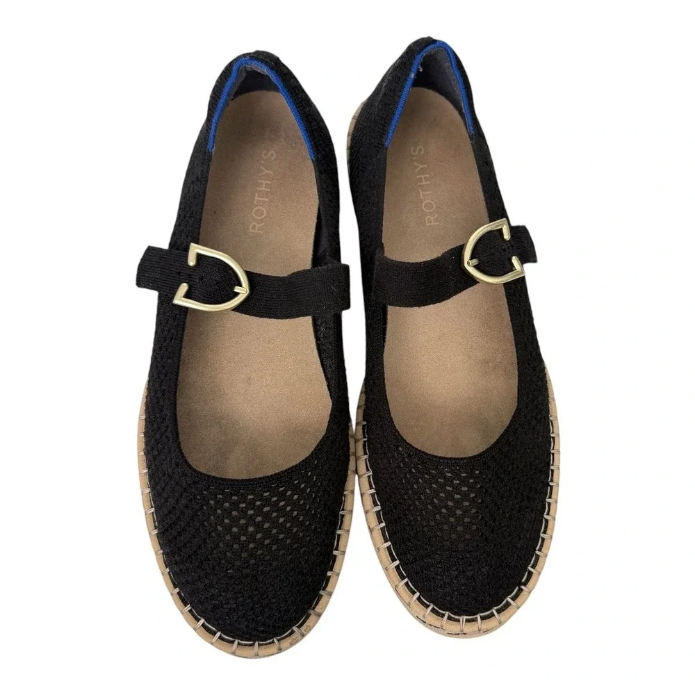 Rothy's The Mary Jane Espadrille Flats Womens 11 (runs small) Black Knit Buckle